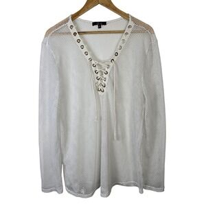 Cleo Womens 3X White Mesh Lace Up V Neck Long Sleeve Top Cover Up